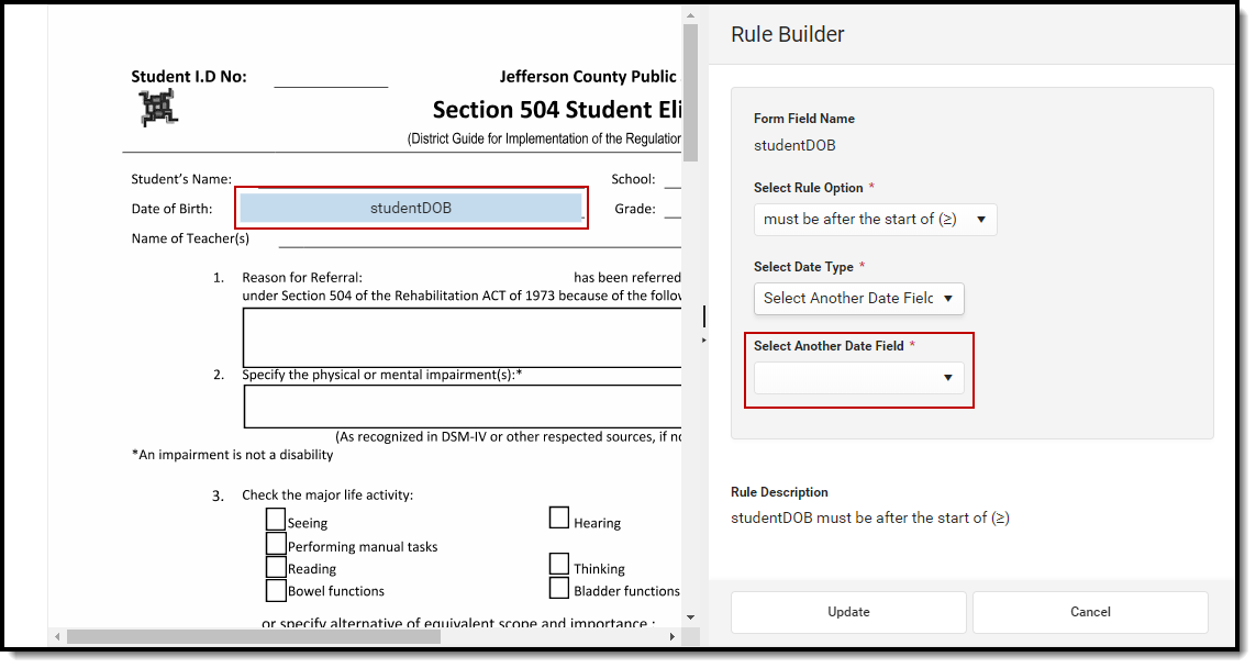Image of Rule Builder with date field comparison rule